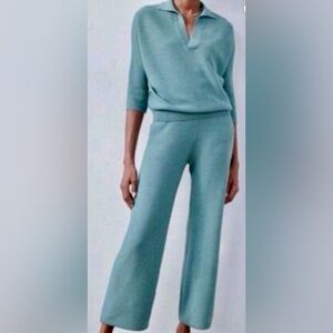 The Reset Label 100% Wool Knit Set Polo Top Wide Leg Pants Size L